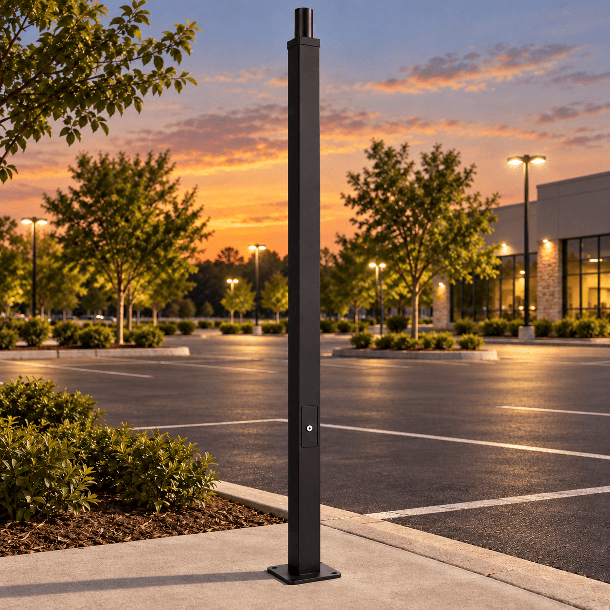 A 10' tall 4"x4" straight square steel pole with top tenon mount, Made in Canada, and powder-coated black Featured in front of a parking lot at dusk.