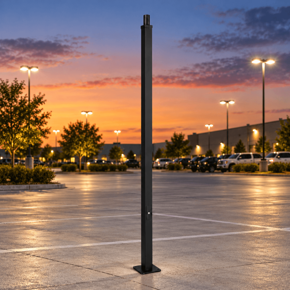 A 12' tall 4" straight square parking post, with a tenon mount, stands in a wide outdoor parking lot at dusk, with streetlights, trees, parked cars, and a colorful sunset sky in the background.