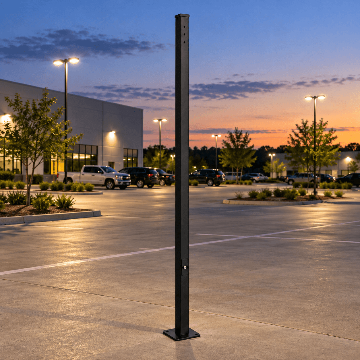 A black 15' steel light pole with one side drilled for a straight arm mount stands in the foreground of a commercial parking lot at sunset, with illuminated pole lights, parked cars, and a modern building in the background.