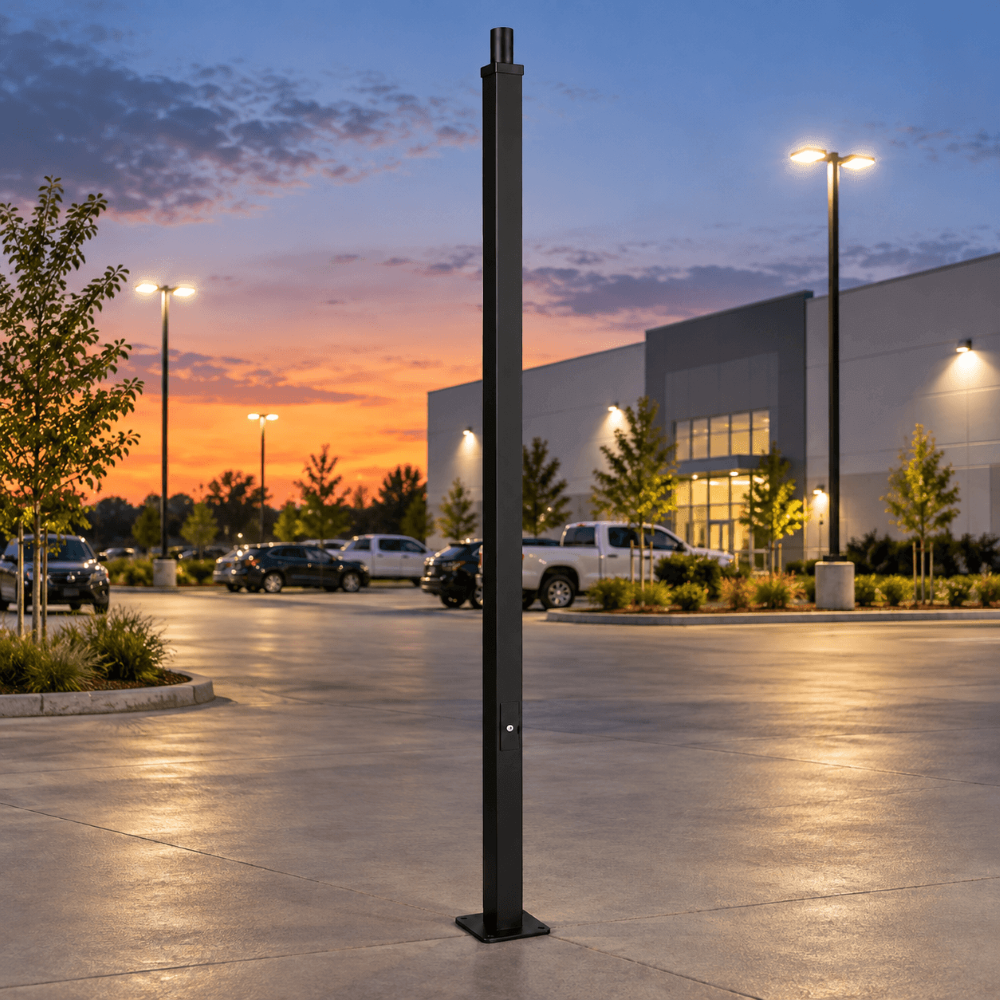 A 15' steel light pole with a top tenon mount stands in the foreground of a commercial parking lot at sunset, with illuminated streetlights, parked cars, and a modern building in the background. The pole is black but available in white and dark bronze.
