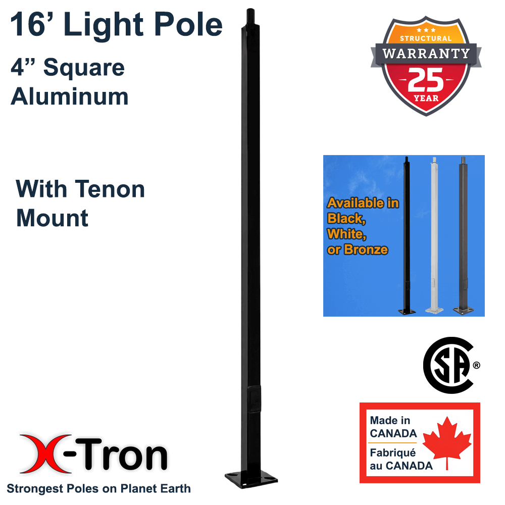 16 ft tall 4 inch square aluminum light post with tenon top for slip fitters. Made in Canada by X-Tron and distributed by LED Network, this post is available in Black, White, or Bronze