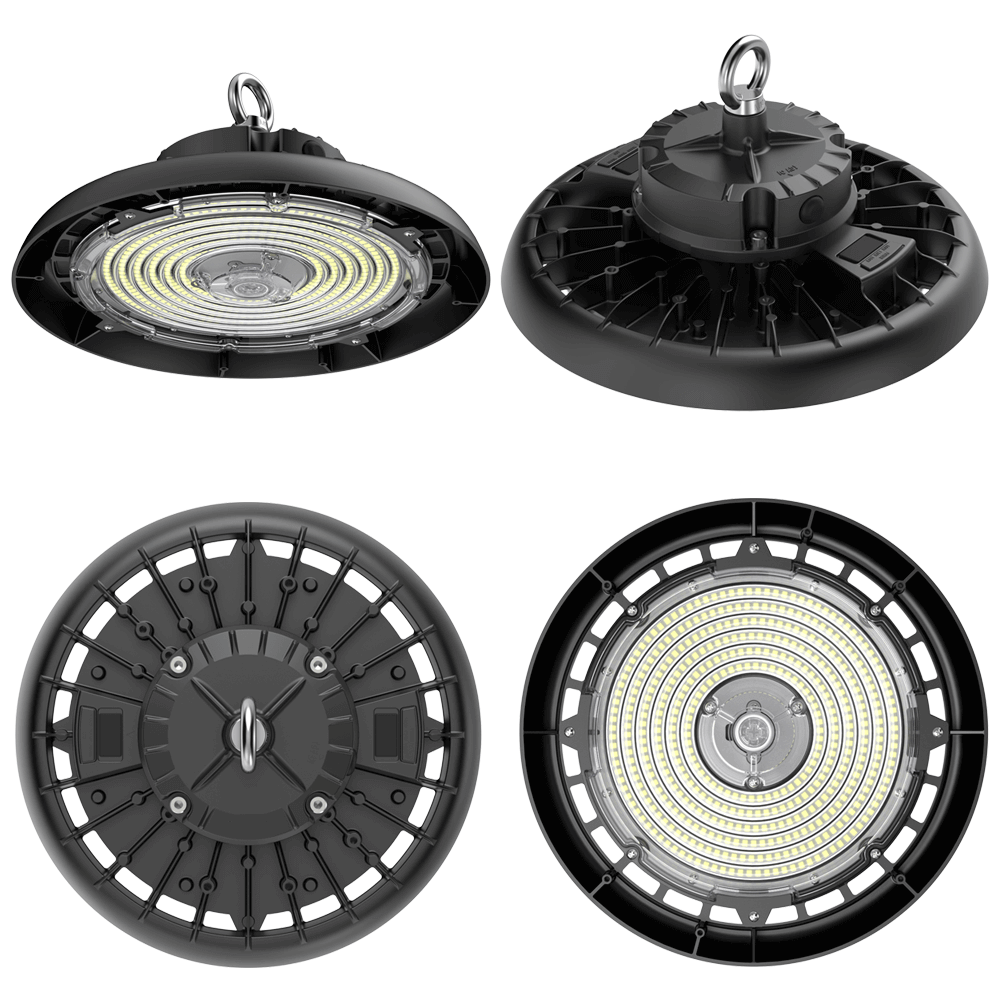 LIA Commercial 200W 220W 240W UFO High Bay by 3500K 4000K 5000K CCT Adjustable 120-347v 150 Lumens Per Watt Output 9000 Lumens 12000 Lumens 15000 Lumens IP65 0-10v Dimmable UL DLC NSF NEMA 4X LED High Bays From LED Network