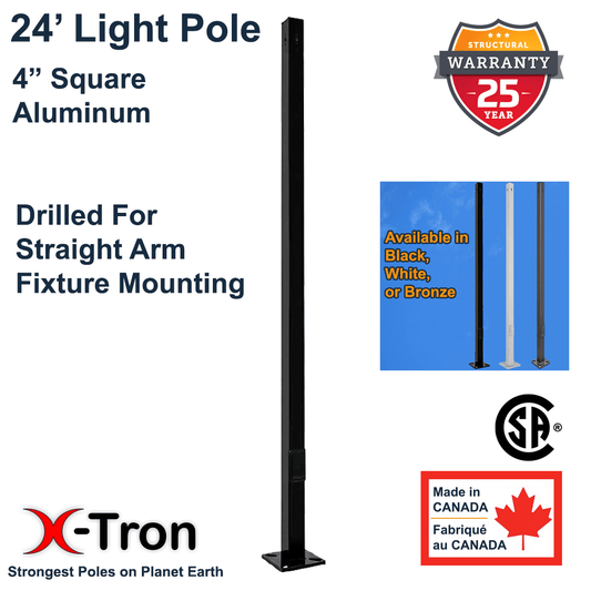 24 foot tall 4 inch square light pole pre-drilled for LED light fixture mounting arm drill pattern. Available in Black, White, or Bronze. From LED Network
