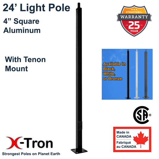 24 foot tall 4 inch square aluminum light pole with tenon mount top. Made in Canada by X-Tron, in choice of black, white, or bronze. Distributed by LED Network
