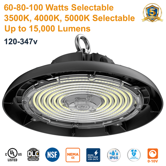 60W 80W 100W UFO LED High Bay by LED In Action Commercial 3 CCT Adjustable 3500K 4000K 5000K 120-347v 150 Lumens Per Watt Output 9000 Lumens 12000 Lumens 15000 Lumens IP65 0-10v Dimmable UL DLC NSF NEMA 4X From LED Network
