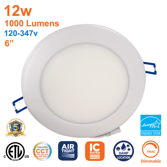 6 Inch LED Slim Pot Light 12 Watts 1000 Lumens 5 CCT 120-347v Dimmable IC Rated ETL Energy Starfrom LED Network
