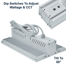 DIP Switches For Adjusting Wattage and Colour Temperature On Foldable Linear LED High Bay 80W 100W 150W 3CCT Selectable 3500k 4000k 5000k 120-347v DLC 0-10v Dimmable Smart Ready ETL from LED Network