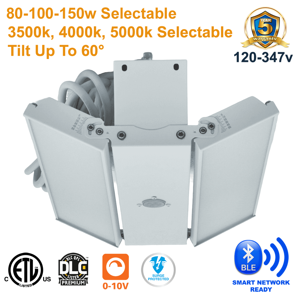 Foldable Linear LED High Bay 80W 100W 150W 3CCT Selectable 3500k 4000k 5000k 120-347v DLC 0-10v Dimmable Smart Ready ETL from LED Network