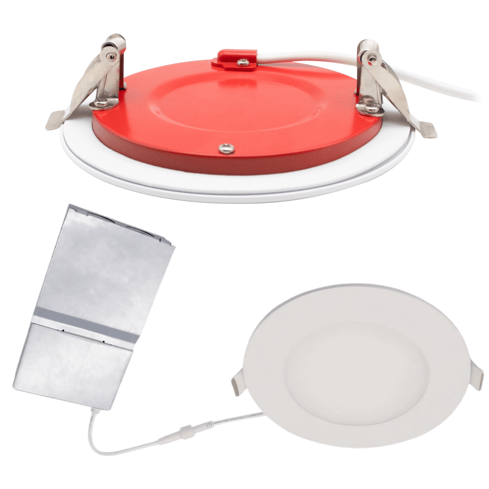 Back Side, Front Side, and Junction Box of A Fire Rated Pot Light, 4 Inches, 9 Watts, 735 Lumens, UL 263, ASTM E119, CAN ULC S101, Ships From Canada, 120v, Dimmable, Wet Rated, IC Rated, 5 CCT Selectable, ETL Rated, 5-Year Warranty, From LED Network