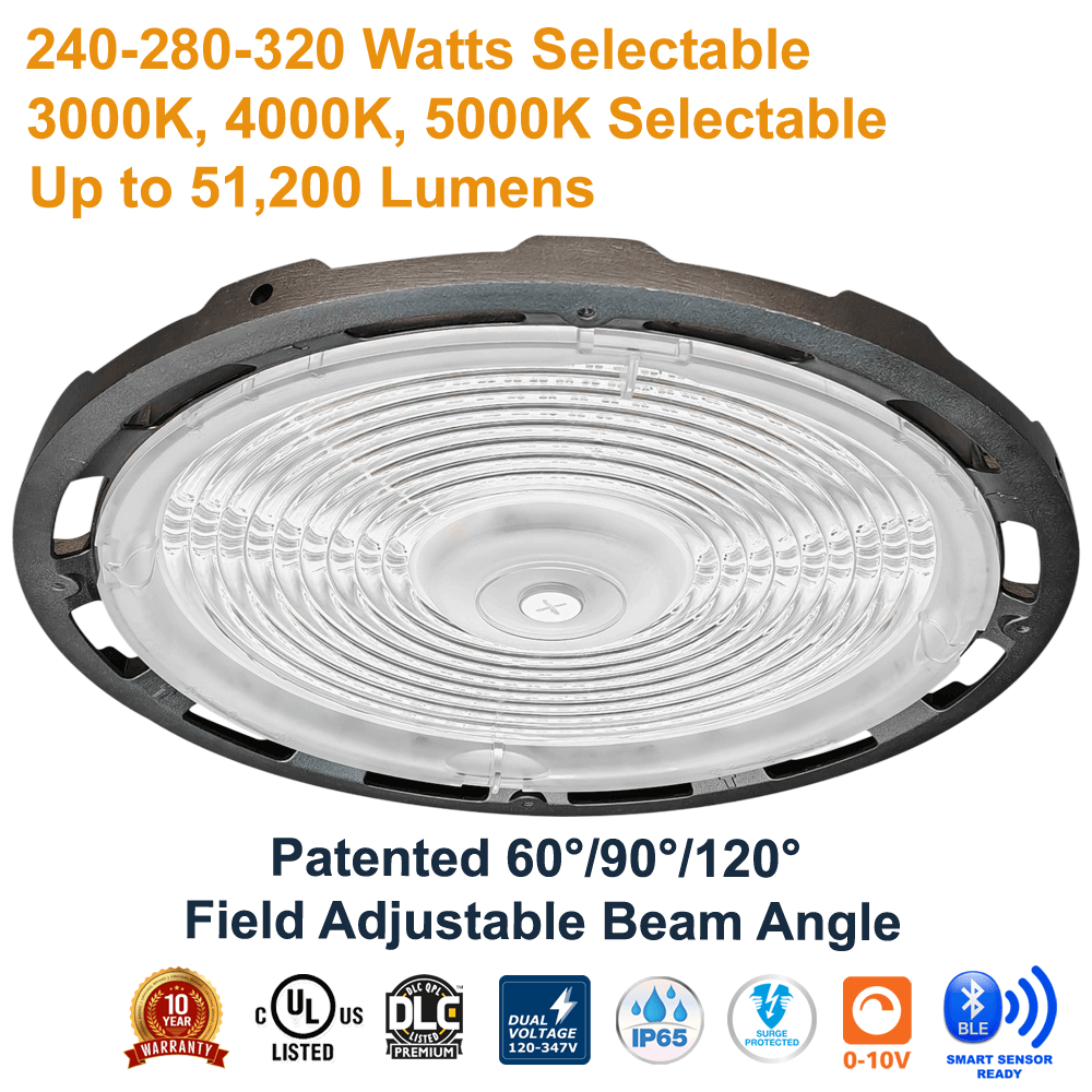 High Bay 320-280-240W LED UFO Adjustable Beam Angle CCT Selectable 120-347V 0-10V Dimmable From LED Network
