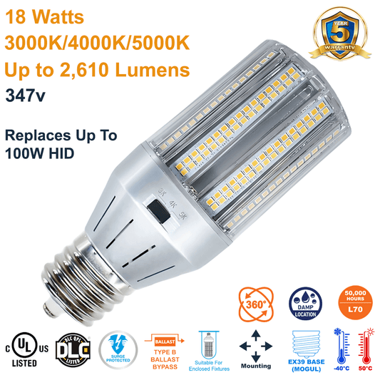 LED-8039M345CD-A 18 Watt 347v EX39 Base Light Efficient Design B-Type Ballast Bypass LED Retrofit Lamp for Bollard and Post Top Fixtures 50% Dim Switch Produces Up To 2,610 Lumens, 3 CCT Selectable 3000K 4000K 5000K LED From LED Network