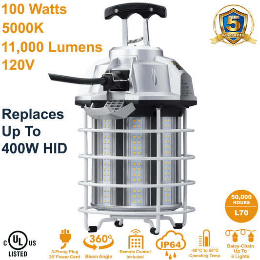 LED-9010-50K 100W Temporary LED Work Light 100 Watts, 11,000 Lumens, 5000K, 120V, by Light Efficient Design features a 35' Power Cord and up to six lights can be daisy-chained together. Remote Control is included. From LED Network