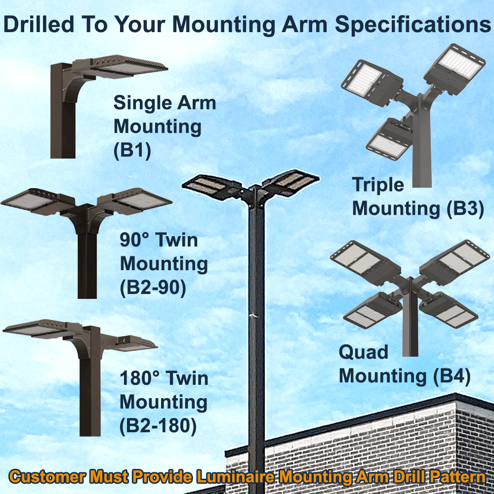 Five mounting arm configurations for outdoor lighting fixtures on a 10 foot tall four inch square straight aluminum light post