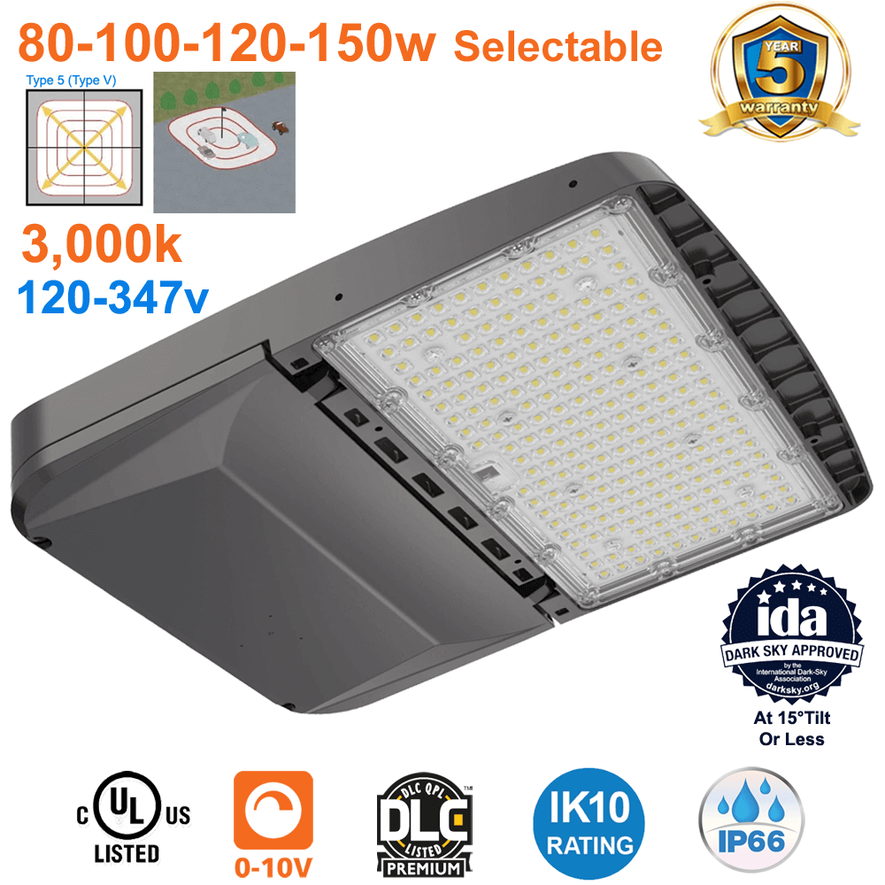 Parking Lot Light 3000K Type 5 Light Distribution Outdoor Floodlight 80 100 120 150 Watts Flood Light IDA Dark Sky Approved 120-347v UL Surge Protection IP66 I DLC Premium K10 3.0G Vibration Load Rating The EELighting ALJ Series From LED Network 1