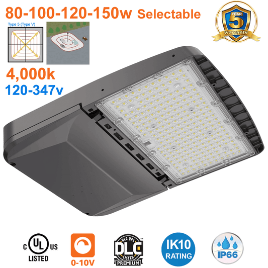 Parking Lot Light 4000K Type 5 Outdoor Floodlight 80 100 120 150 Watts IP66 Flood Light 120-347v UL Surge Protection IP66 I DLC Premium K10 3.0G Vibration Load Rating EELighting ALJ Series Area Lights From LED Network 1