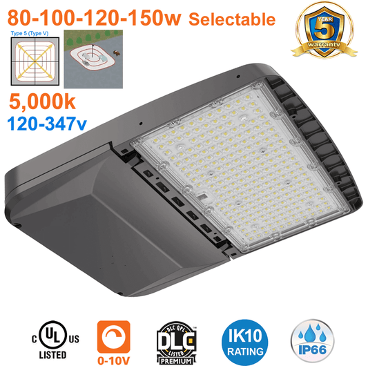 Parking Lot Light 5000K Type 5 Outdoor Floodlight 80 100 120 150 Watts Flood Light IP66 120-347v UL Surge Protection IP66 I DLC Premium K10 3.0G Vibration Load Rating EELighting ALJ Series Area Lights From LED Network 1