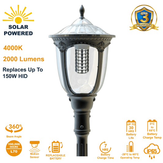 SL-SPT-20W-40K-SF-G2 Solar Decorative Post Top Light by Solera 2000 Lumens 4000K Replaceable LI-Ion Battery Developed to last Over 1500 Charge Cycles. Heritage Style Coach Lamp Look for Pathway and Area Lighting from Commercial Solar Lighting From LED Network