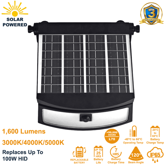 SL-SWL-16L-FC Outdoor Solar Wall Light 1600 Lumens By Solera FlexColor 3000K 4000K 5000K Motion Activated Solar Light With Replaceable Cold Weather Ready Battery Solar Lighting Built for Canada from LED Network