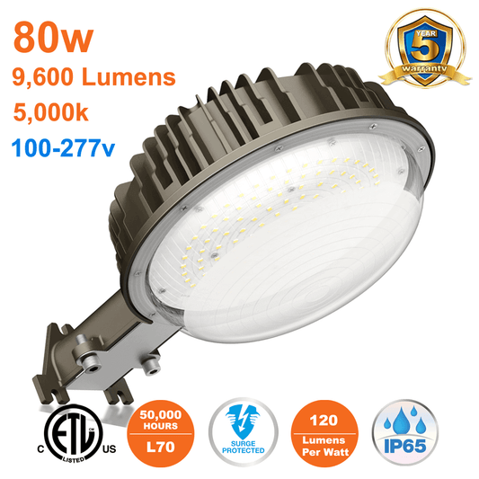 80 Watt Barn Light Yard Light 100-277v 5000k 9600 Lumens ETL IP65 Photocell