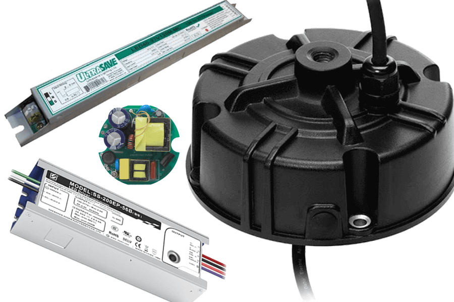 What Does An LED Driver Do.  An Image Showing Four Different LED Drivers: A Driver For An LED UFO High Bay, A Driver For An LED Linear Strip, A Driver For An LED Linear High Bay, A Driver For An LED Lamp. From LED Network. Built For Canada, Built To Last