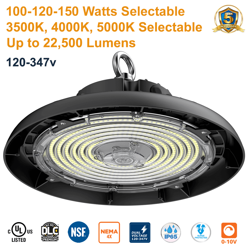 100W 120W 150W UFO LED High Bay by LED In Action Commercial 3 CCT Adjustable 3500K 4000K 5000K 120-347v 150 Lumens Per Watt Output 15000 Lumens 18000 Lumens 22500 Lumens IP65 0-10v Dimmable UL DLC NSF NEMA 4X From LED Network