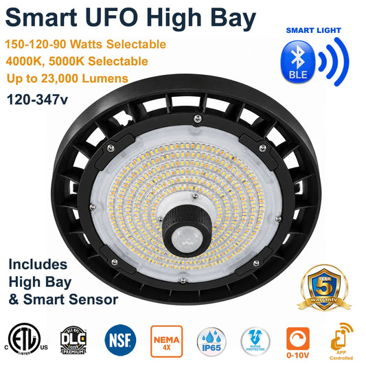 Black 150W Smart UFO LED High Bay with PIR Sensor; graphic shows 90/120/150W, 4000K/5000K, up to 23,000 lumens and 120–347V.