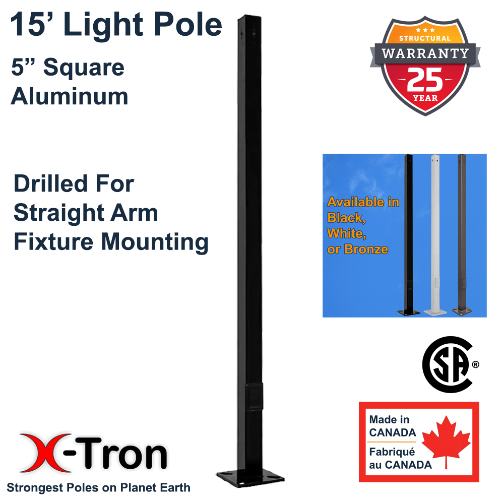 15 foot Light Pole 5 inch square aluminum for luminaire arm mount black white bronze from LED network