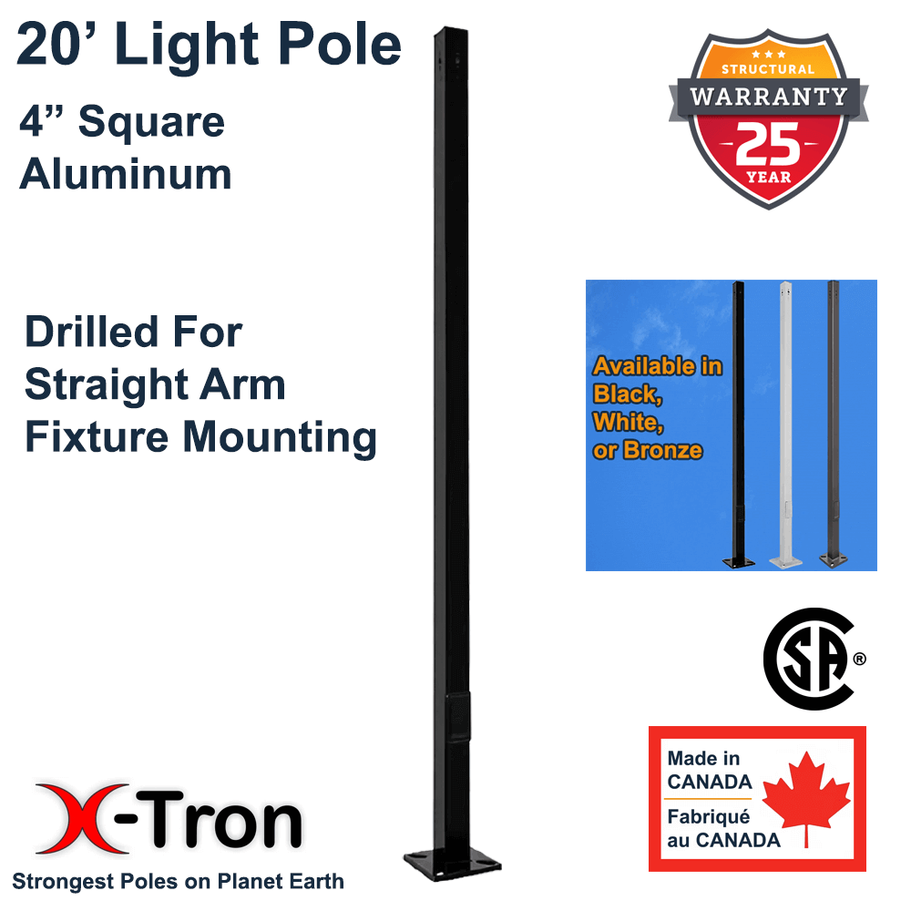 20 foot aluminum 4 inch square light pole with pre-drilled mounting holes for a arm mounted fixture, black powder-coated finish, base cover and top cap included. Optional Anchor Bolts available. Also available in white and bronze.