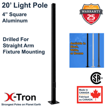 20 foot aluminum 4 inch square light pole with pre-drilled mounting holes for a arm mounted fixture, black powder-coated finish, base cover and top cap included. Optional Anchor Bolts available. Also available in white and bronze.