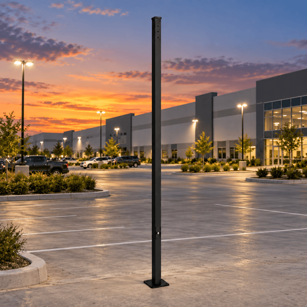 A 20' tall 4"x4" black straight square steel light pole, drilled for a side arm mount, stands vertically in the center of a commercial parking lot at sunset. The background shows a commercial building, trees, parked vehicles, and other illuminated poles under a warm orange and pink sky.