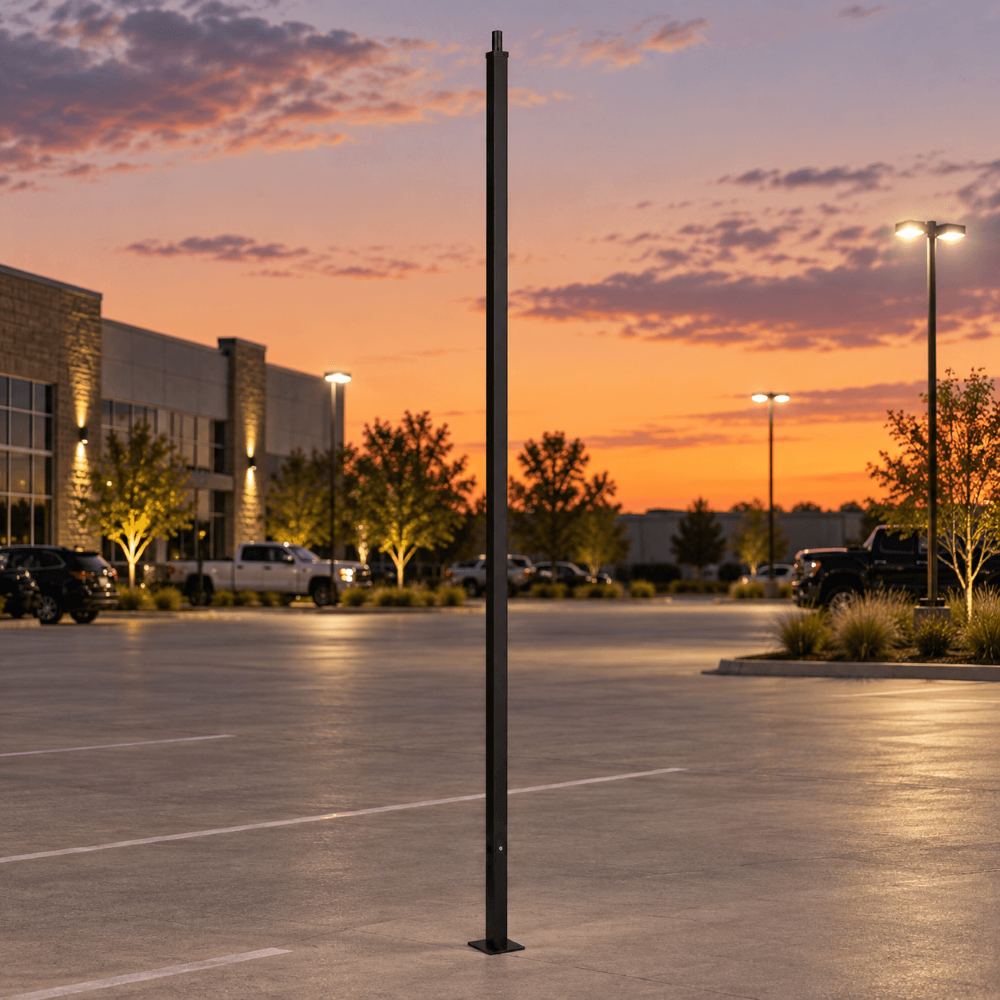 A 20' tall black steel light pole, with a tenon top, stands vertically in the center of a wide, empty parking lot at sunset. The background shows a commercial building, trees, parked vehicles, and other illuminated poles under a warm orange and pink sky.