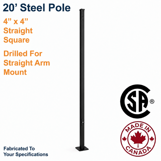 A 20-foot black steel light pole drilled for an arm mount on one side. The  pole is 4" x 4" straight square and is shown on a white background with product specifications and certification logos.