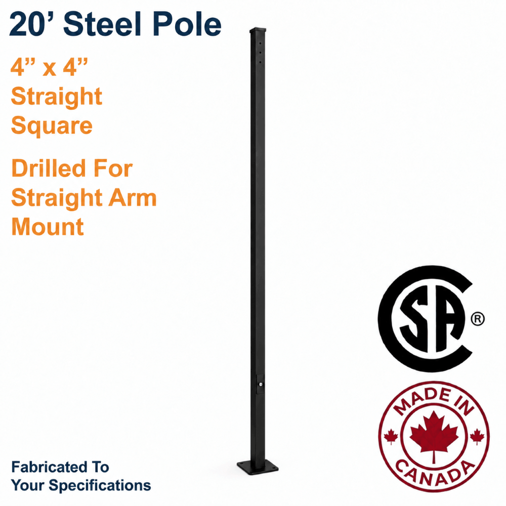 A 24' tall black steel 4" x 4" straight square pole drilled for a straight arm fixture mount, shown on a white background with product specifications, a CSA certification mark, and a Made in Canada badge.
