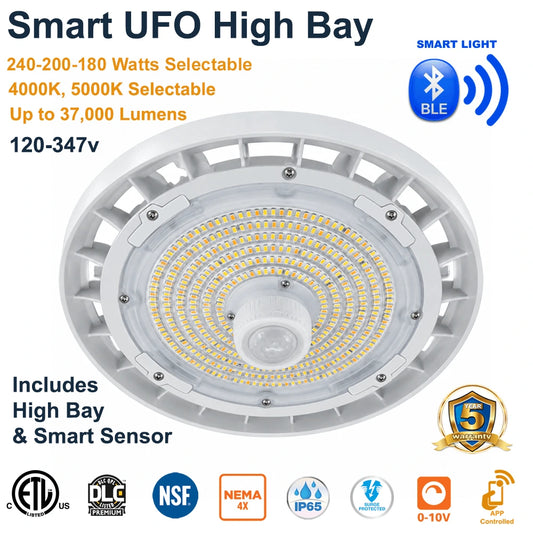 White 240W Smart UFO LED High Bay with PIR Sensor; graphic shows 180/200/240W, 4000K/5000K, up to 37,000 lumens and 120–347V.