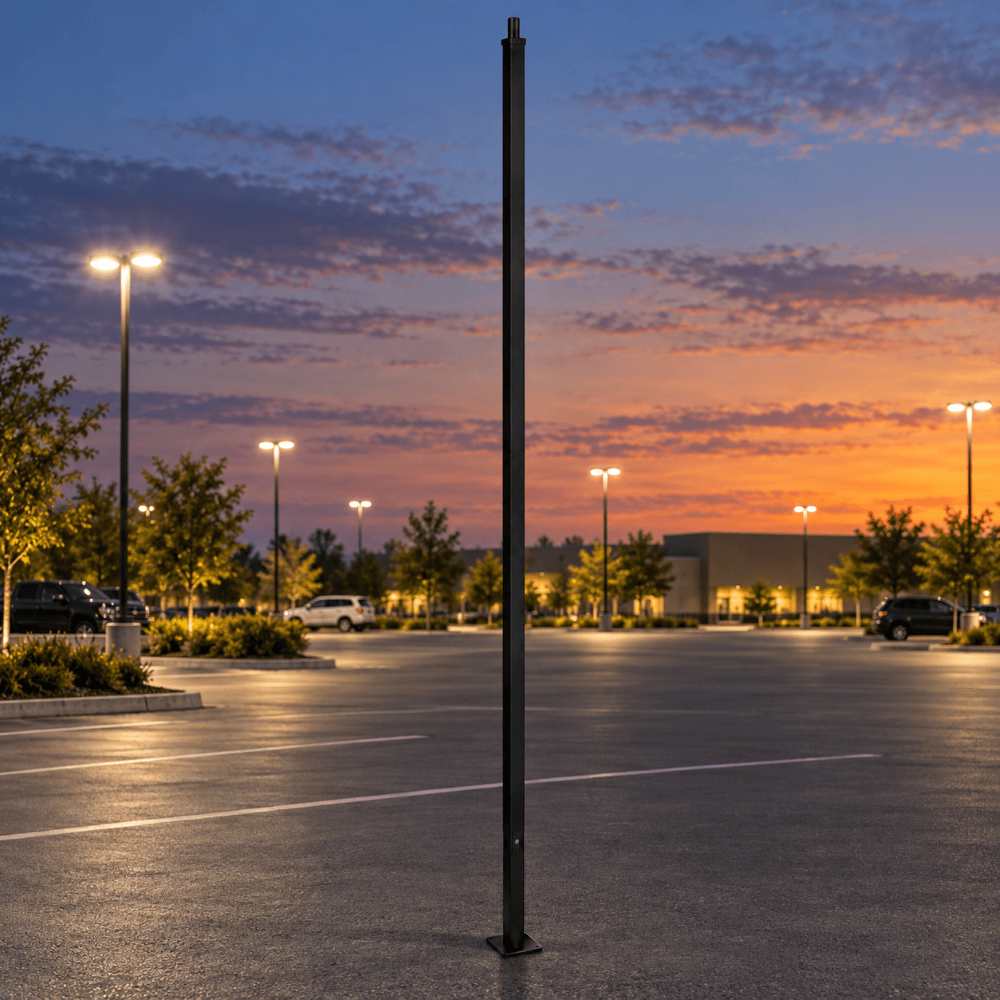 A 24' tall black steel pole with a tenon mount stands vertically in the center of an empty parking lot at dusk, with streetlights, trees, parked cars, and a building visible in the background under a colorful sunset sky.