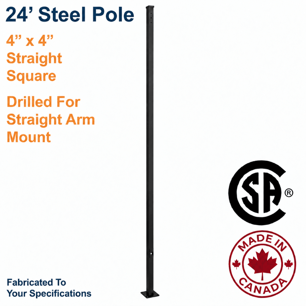 A 24' tall black steel 4" x 4" straight square pole drilled for a straight arm fixture mount, shown on a white background with product specifications, a CSA certification mark, and a Made in Canada badge.