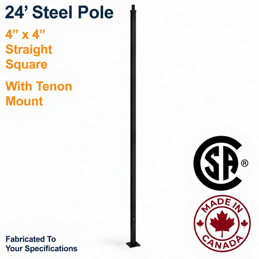 A 24-foot black steel 4" x 4" straight square pole with a 2-3/8" diameter tenon mount, shown on a white background with product specifications, a CSA certification mark, and a Made in Canada badge.