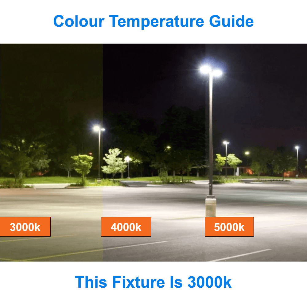 3000K Parking Lot Colour Temperature Guide For Parking Lot Light 3000K Type 5 Light Distribution Outdoor Floodlight 80 100 120 150 Watts Flood Light IDA Dark Sky Approved 120-347v UL Surge Protection IP66 I DLC Premium K10 3.0G Vibration Load Rating The EELighting ALJ Series From LED Network