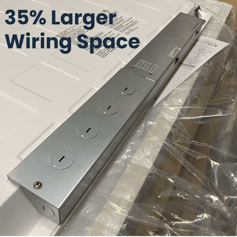 35% Larger Wiring Box on the FD Lighting FDPL-24BL-50-3CCT-120-347-D-PIR Backlit 2x4 LED Panel Light with Sensor Base 3500K 4000K 5000K selectable 40 Watts 45 Watts 50 Watts selectable 120-347v 0-10v Dimmable ETL from LED Network
