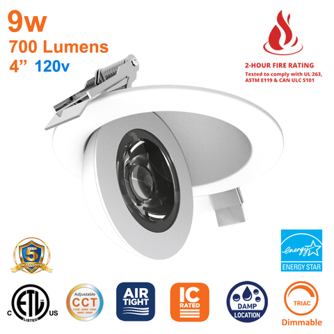 4 Inch LED Fire Rated Round Gimbal Pot Light Floating Downlight 2 Hour Fire Rating 5 CCT Selectable 9W 900 Lumens 120v Dimmable ETL Energy Star UL 263, ASTM E119, & CAN ULC S101 From LED Network 1