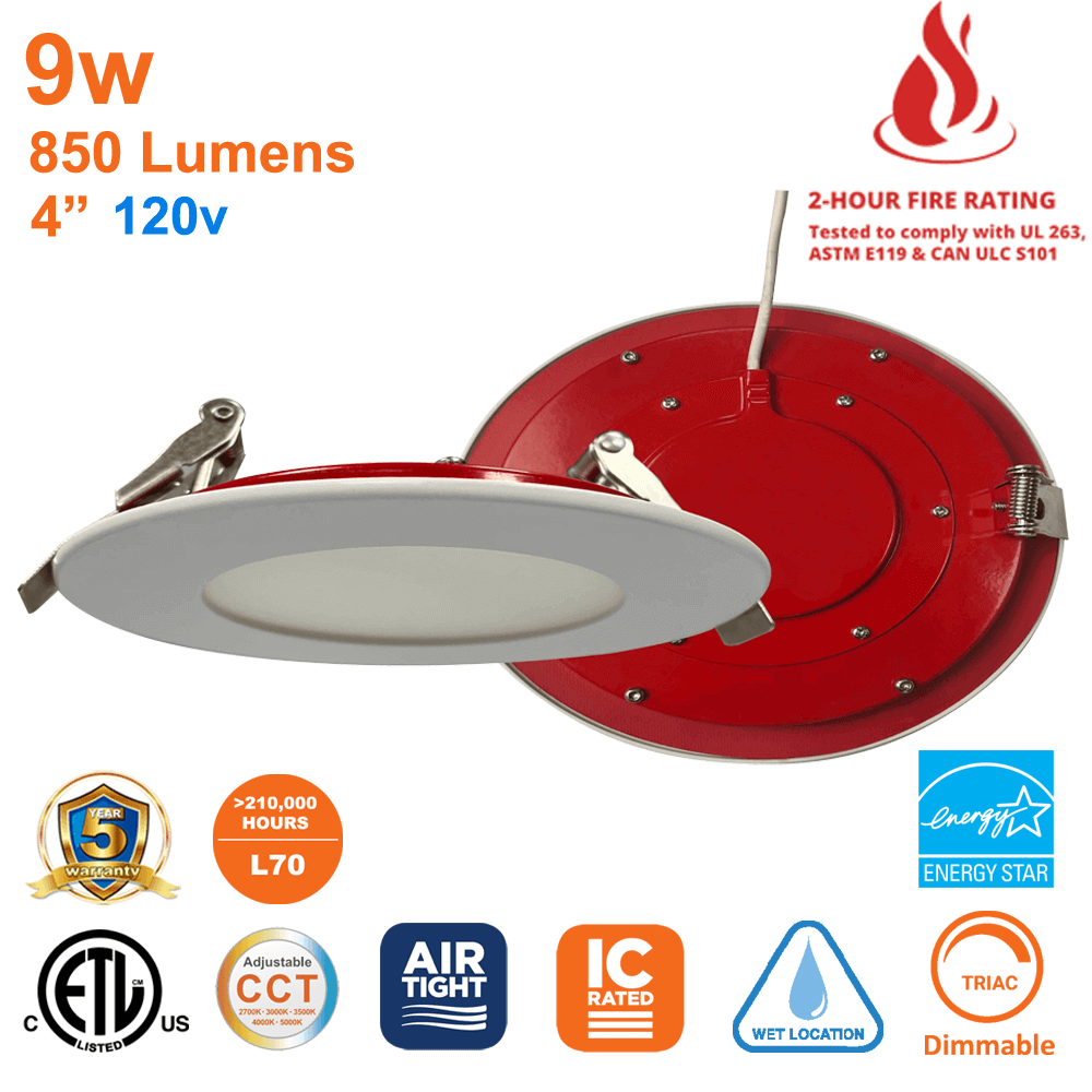 4” Fire Rated LED Downlight Recessed Fire Rated Pot Light 2 Hour Fire Rating UL263-2011 (R2022) ASTM E119-20 & CAN/ULC-S101-14 Fire Rating UL L505 L556 Wet Rated IC Rated Airtight Dimmable 5 CCT Selectable 9 Watts Up To 856 Lumens  From LED Network 1