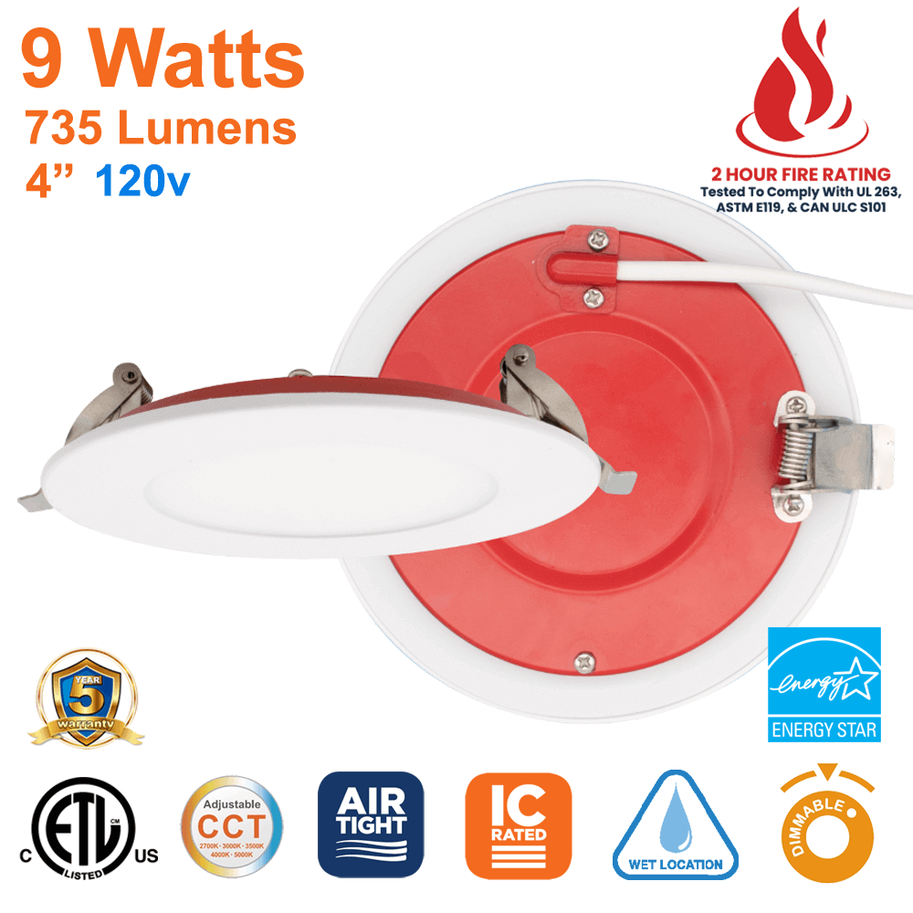 Fire Rated Pot Light, 4 Inches, 9 Watts, 735 Lumens, UL 263, ASTM E119, CAN ULC S101, Ships From Canada, 120v, Dimmable, Wet Rated, IC Rated, 5 CCT Selectable, ETL Rated, 5-Year Warranty, From LED Network