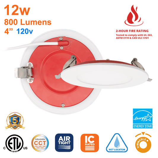 4 Inch Fire Rated Pot Light LED 2 Hour Fire Rating 5 CCT Selectable Dimmable IC Rated Wet Rated 12 Watts 800 Lumens cETL 120v