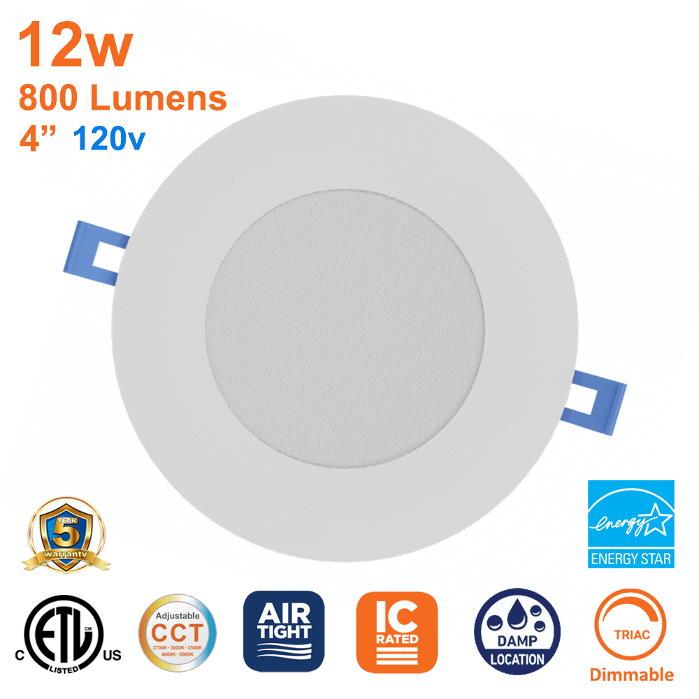4 Inch LED Slim Pot Light 12 Watts 800 Lumens 5 CCT 120v Dimmable IC Rated LED Recessed Downlight 
from LED Network