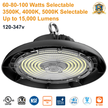 60W 80W 100W UFO LED High Bay by LED In Action Commercial 3 CCT Adjustable 3500K 4000K 5000K 120-347v 150 Lumens Per Watt Output 9000 Lumens 12000 Lumens 15000 Lumens IP65 0-10v Dimmable UL DLC NSF NEMA 4X From LED Network