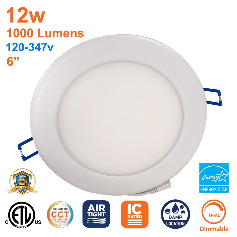 6 Inch LED Slim Pot Light 12 Watts 1000 Lumens 5 CCT 120-347v Dimmable IC Rated ETL Energy Starfrom LED Network