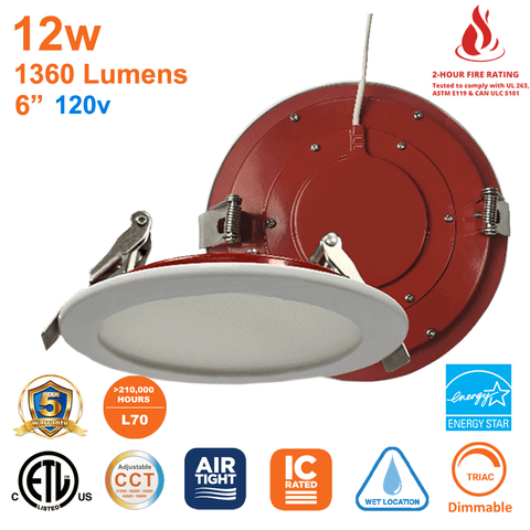 6 Inch Fire Rated Downlight Recessed Fire Rated LED Pot Light 2 Hour Fire Rating UL263-2011 (R2022) ASTM E119-20 & CAN/ULC-S101-14 Fire Rating UL L505 L556 Wet Rated IC Rated Airtight Dimmable 5 CCT Selectable 12 Watts Up To 1360 Lumens From LED Network 1