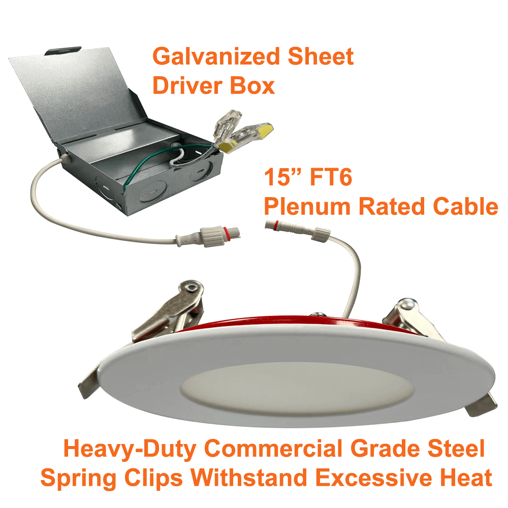6 Inch Fire Rated Downlight Recessed Fire Rated LED Pot Light 2 Hour Fire Rating UL263-2011 (R2022) ASTM E119-20 & CAN/ULC-S101-14 Fire Rating UL L505 L556 Wet Rated IC Rated Airtight Dimmable 5 CCT Selectable 12 Watts Up To 1360 Lumens From LED Network 3
