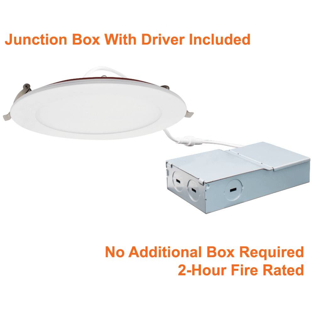 6 Inch Fire Rated Pot Light LED 2 Hour Fire Rating 5 CCT Selectable Dimmable 15 Watts 1100 Lumens  IC Rated Wet Rated cETL 120v