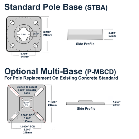 Technical diagram of Standard Pole Base (STBA) and Optional Multi-Base (P-MBCD) with dimensions and profiles for X-Tron's 24' tall 4" straight square aluminum light pole distributed by LED Network.